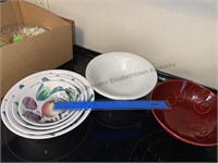Box of serving bowls and more