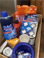 Cleaning supply box, dryer sheets, dishwasher
