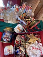 Tote of Christmas items, stockings, glassware,