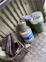 Plastic tarps, old kerosene bucket 5 gallon