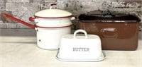 Metal Butter Dish, Enamel Double Boiler, and