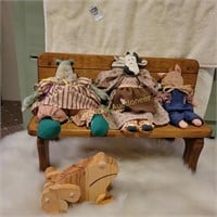 Wood Bench with Dolls, Cow, Pig, Frog