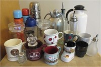 Various decorative coffee mugs, Thermos, etc.