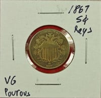 1867 Shield Nickel w/ Rays VG Porous