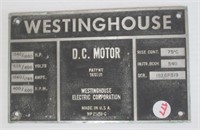 Metal Westinghouse Motor DC plaque. Measures: 5"