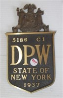 Bronze/brass DPW State of New York 1937 plaque.