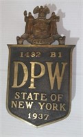 Bronze/brass DPW State of New York 1937 plaque.