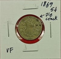 1869 Shield Nickel "Die Crack Error" VF