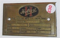 Metal Hobart Mfg. Co. No. 4332 plaque. Measures: