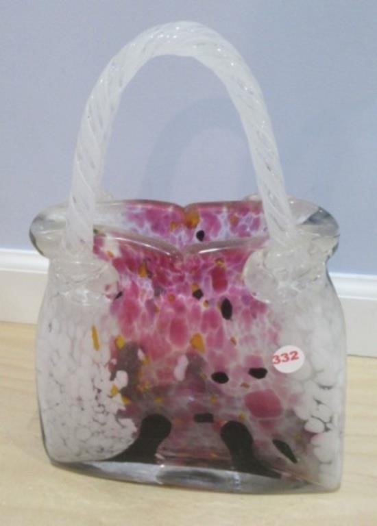 Hand blown glass decorative purse. Measures 13"