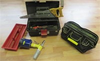 Air rivet gun, hand saw, tool box with misc.