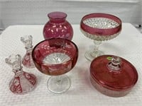 6 Cranberry Glassware Items:  2 Compotes,