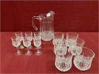 Crystal Pitcher, 6 Highball Glasses-some loss to