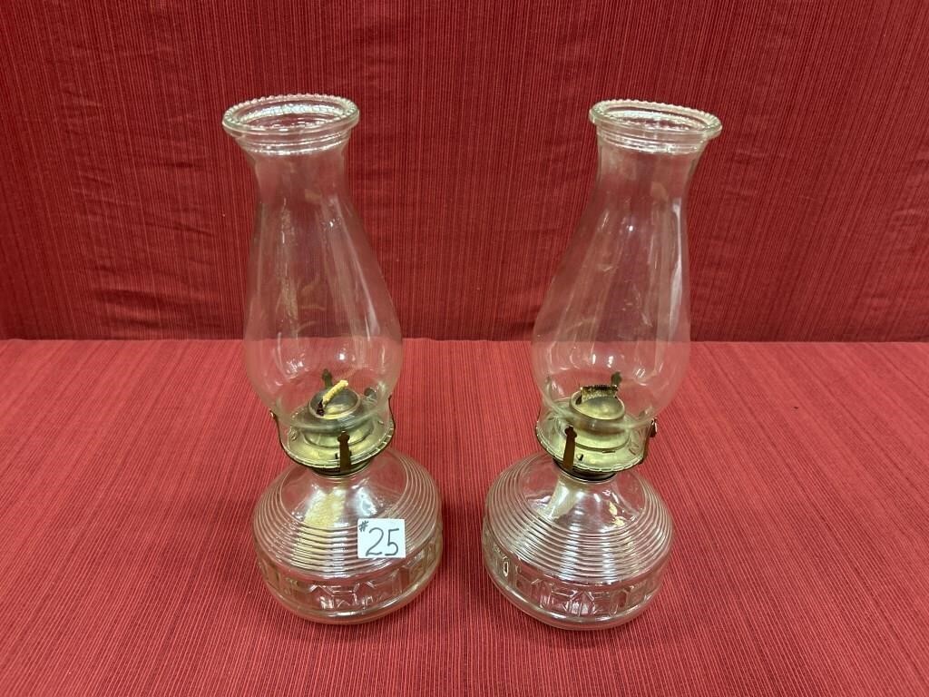 2 Pattern Glass Oil Lamps, 14 in. H