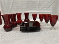 15 Ruby Red Glassware Items: 7 Small Plates, 4