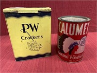 2 Advertising Tins: PW Crackers, 9.25 in. H, and