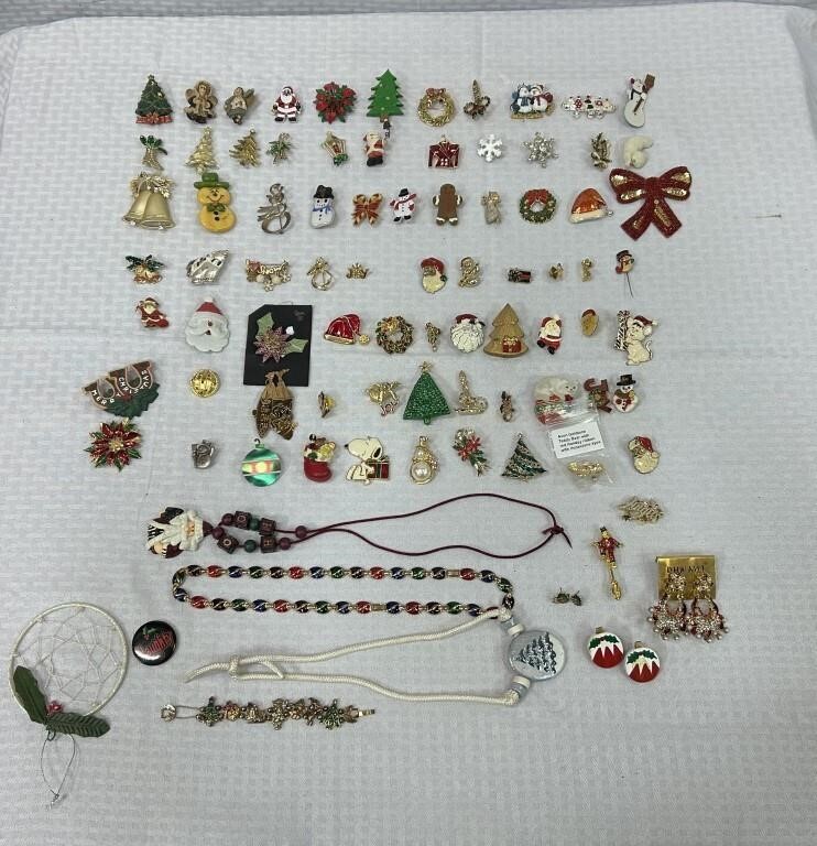 75 Christmas Pins, 3 necklaces, Bracelet and 3