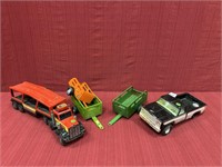 5 vintage metal toys, truck, 3 wagons, semi with