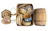 Assorted baskets and nail keg, some losses to keg