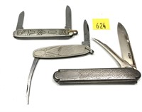 Lot, 3 vintage folding knives includes: Sterling