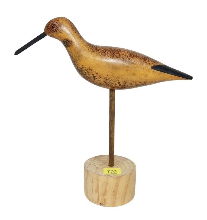 Carved wooden shorebird, (8" overall height)