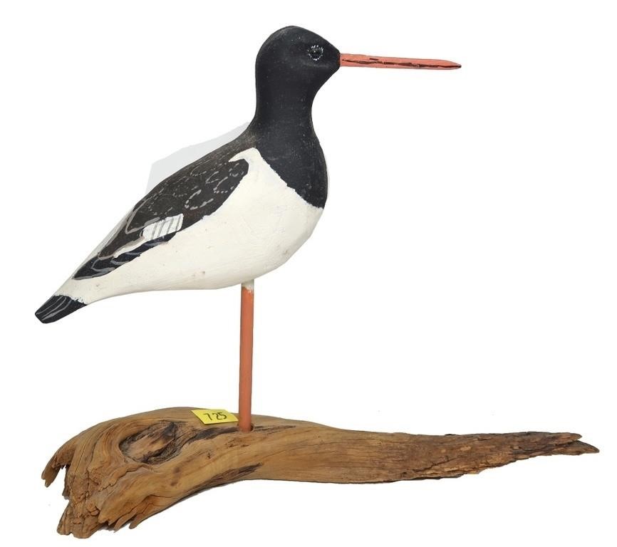 Carved wooden shorebird, signed, (8" overall