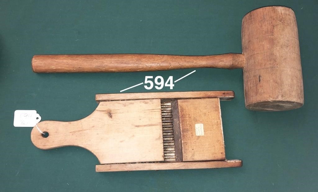 Large wooden mallet & a wooden mandoline or slicer