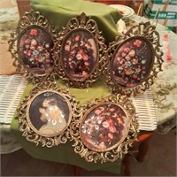 5 oval pictures with antique style frames