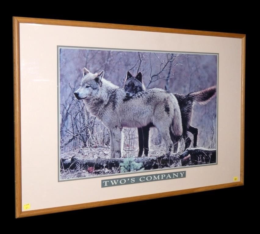 "Two's Company" framed wolf poster, frame size: