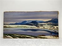 Vtg Signed 1942 Oil on Canvas Sea & Mountain Scene