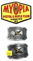 Lot, 2 Peters belt buckles and pistol & rifle