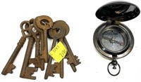 Lot, vintage skeleton keys and compass marked
