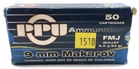 Box of 9mm Makarov 93-grain FMJ PPU cartridges,