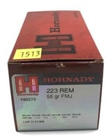 Box of .223 REM 55-grain Hornady FMJ cartridges,