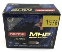 Box of .45 Auto 175-grain Norma MHP cartridges,