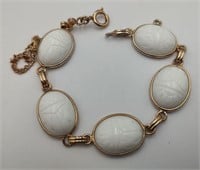 Vintage Bracelet of White Scarabs in Golden Mounts