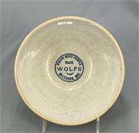 RW blue/pink banded 7" bowl w/ "Wolfs, Hillsboro