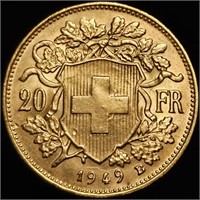1949B Switzerland Gold 20 Francs - 0.1867 oz AGW