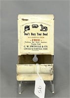 Tin match safe w/ "C.W. Swingle & Co. Lincoln