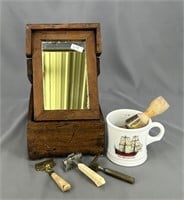 Early wooden barber kit w/mirror