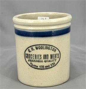 RW blue banded beater jar w/ "G.H. Woolington