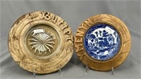 Pair of wooden carved butter plates w/inserts