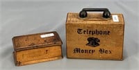 Pair of small wooden boxes, one is a bank