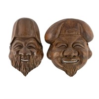 Pair of Japanese Lucky God Carved Wood Masks