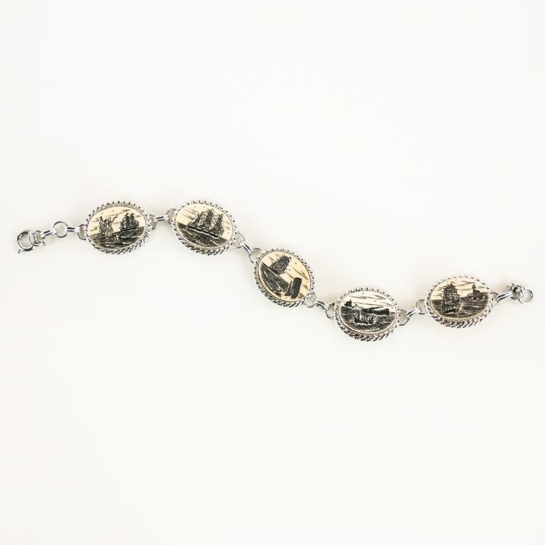 Verna Sterling Silver and Ivory Scrimshaw Bracelet