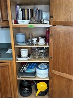 Cookbooks, Slow cooker, Pots & Pans in cabinet