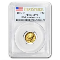 2016w 1/10oz Gold Mercury Dime Sp70 Fs Flag Label