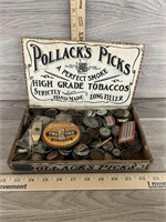Cigar Box w/ Assorted Bottle Caps & More