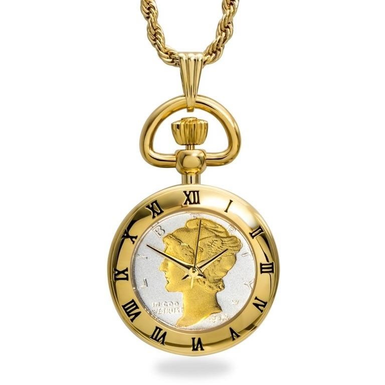 Us Mercury Dime Gold-tone Pendant Watch Necklace