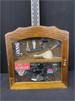 Cool Barber Shop Cabinet w/ Vintage Barber Items